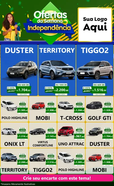 Modelo de Encarte para Encarte Grande com o tema Ofertas da Semana da Independência para Concessionaria de Carros