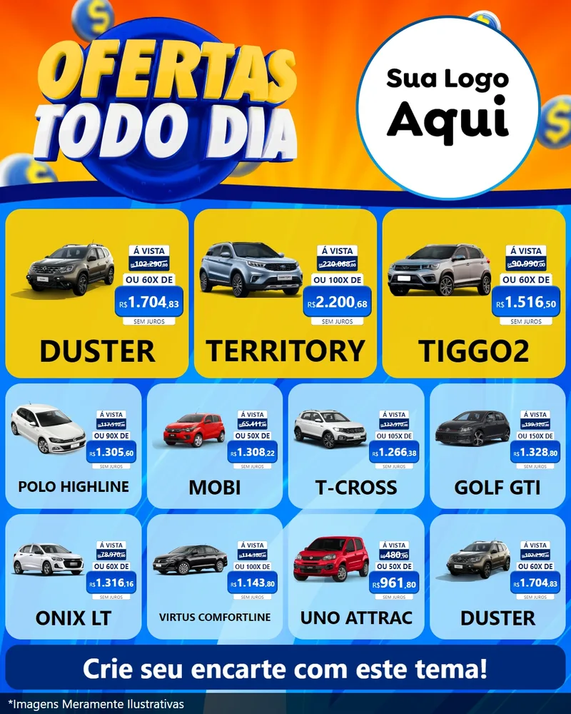Modelo de Rede Social para Feed Instagram com o tema Ofertas Todo Dia para Concessionaria de Carros
