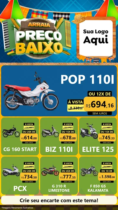 Modelo de Rede Social para Stories com o tema Arraiá de Preço Baixo - Junina para Concessionaria de Motos