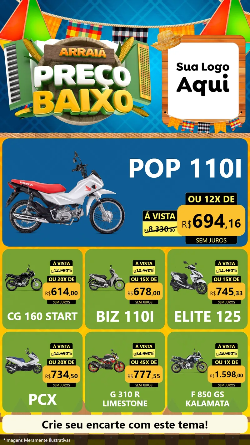 Modelo de Rede Social para Stories com o tema Arraiá de Preço Baixo - Junina para Concessionaria de Motos