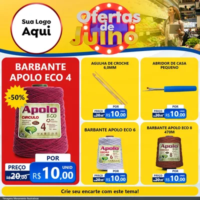 Modelo de Rede Social para Feed Facebook com o tema Ofertas de Julho para Armarinho e Aviamentos