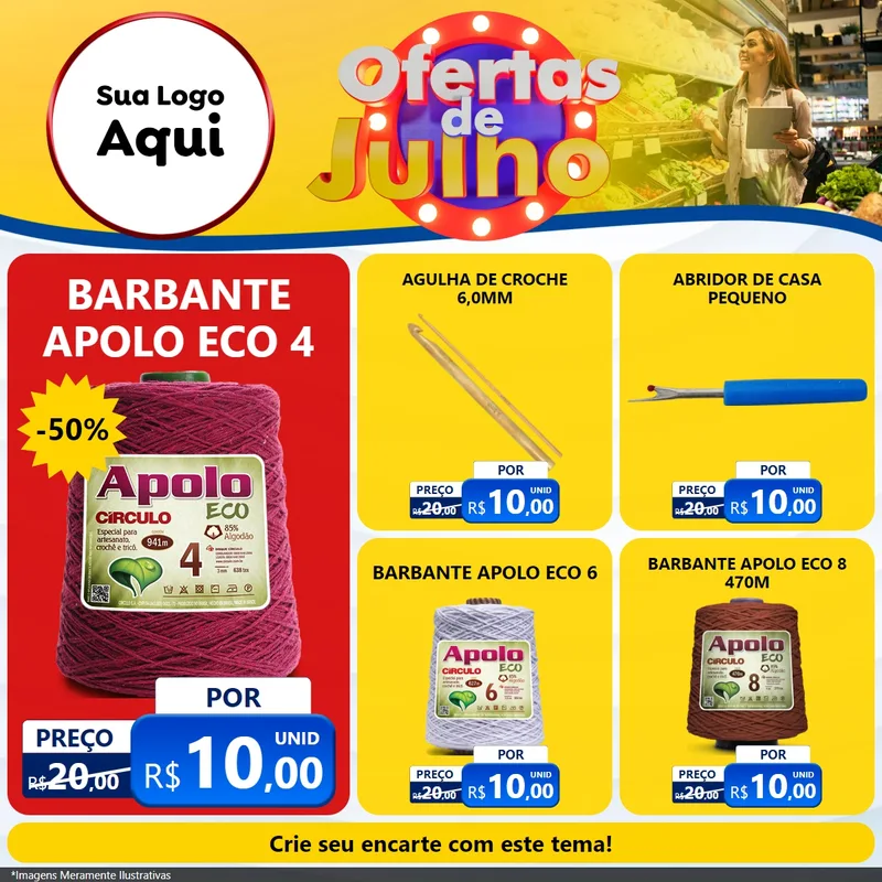 Modelo de Rede Social para Feed Facebook com o tema Ofertas de Julho para Armarinho e Aviamentos