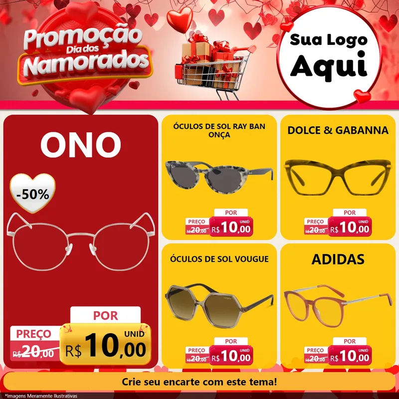 Modelo de Rede Social para Feed Facebook com o tema Promoção Dia dos Namorados para Óticas