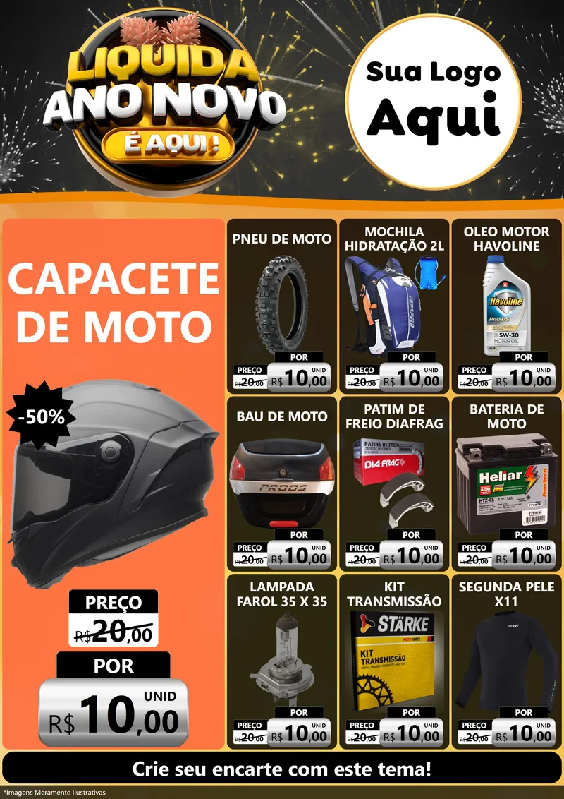 Modelo de Encarte para Encarte A4 Vertical com o tema Liquida Ano Novo É Aqui! para Moto peças