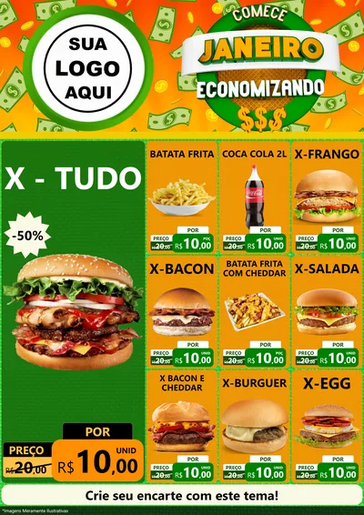 Modelo de Encarte para Encarte A4 Vertical com o tema Comece Janeiro Economizando para Hamburgueria