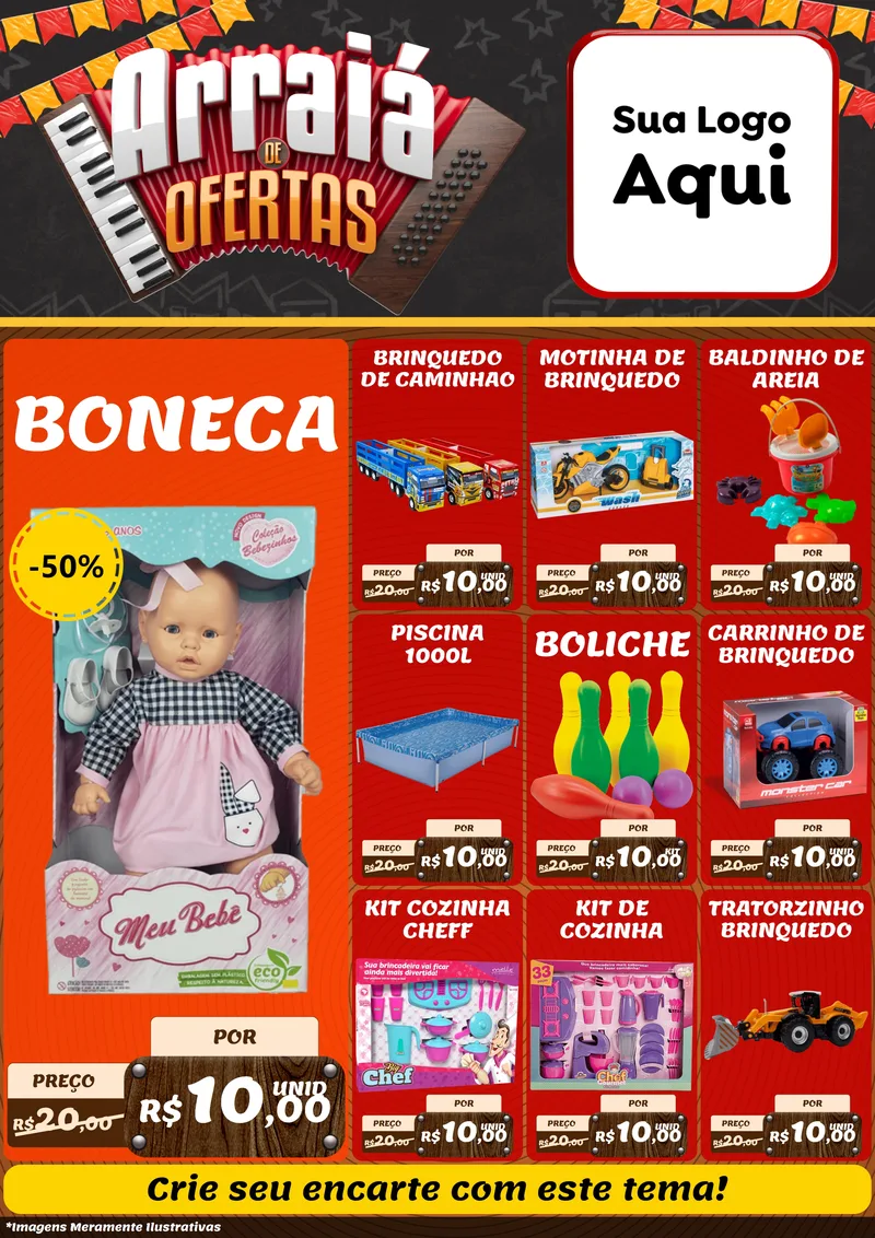Modelo de Encarte para Encarte A4 Vertical com o tema Arraiá de Ofertas - Junina para Brinquedos