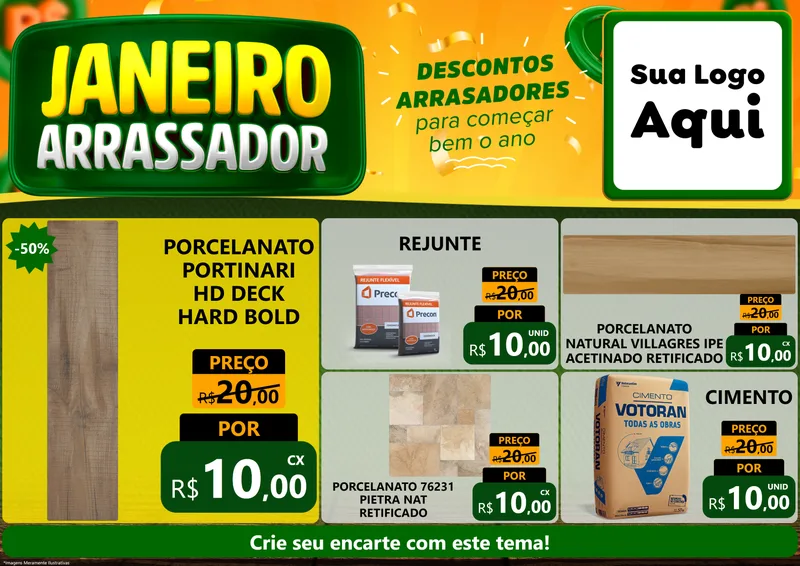 Modelo de Encarte para Encarte A4 Horizontal com o tema Janeiro Arrasador para Pisos e revestimentos