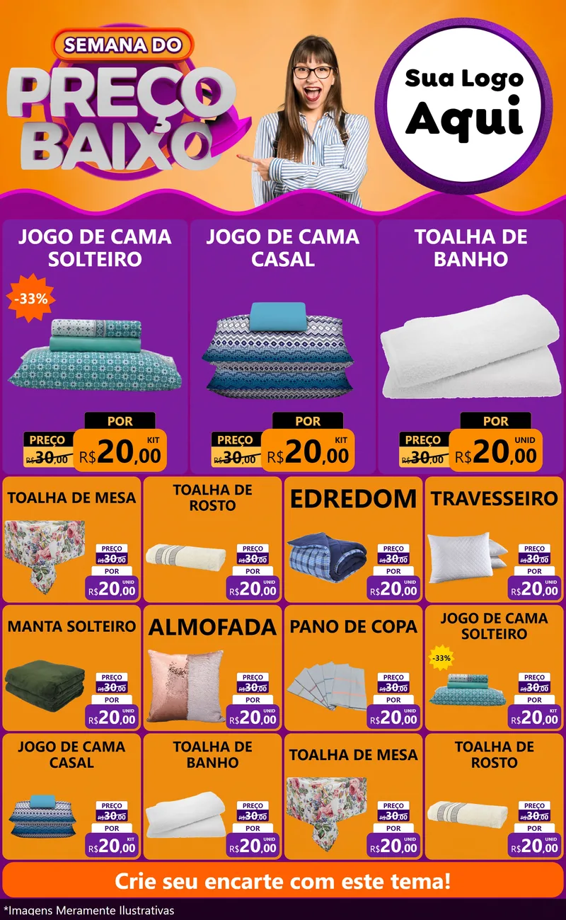 Modelo de Encarte para Encarte Grande com o tema Semana do Preço Baixo para Cama, Mesa e Banho