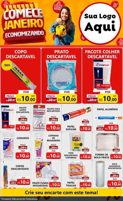 Modelo de Encarte para Encarte Grande com o tema Comece Janeiro Economizando para Embalagens