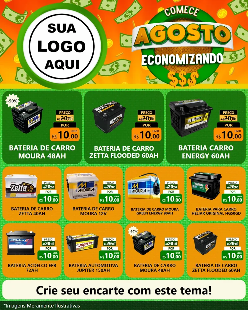 Modelo de Rede Social para Feed Instagram com o tema Comece Agosto Economizando para Baterias Elétricas
