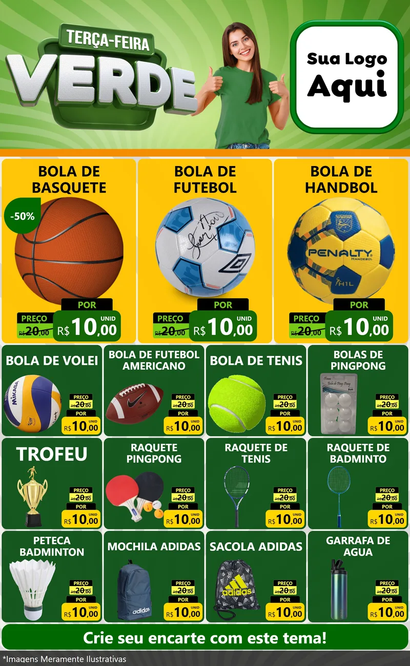 Modelo de Encarte para Encarte Grande com o tema Terça - Feira Verde para Artigos Esportivos
