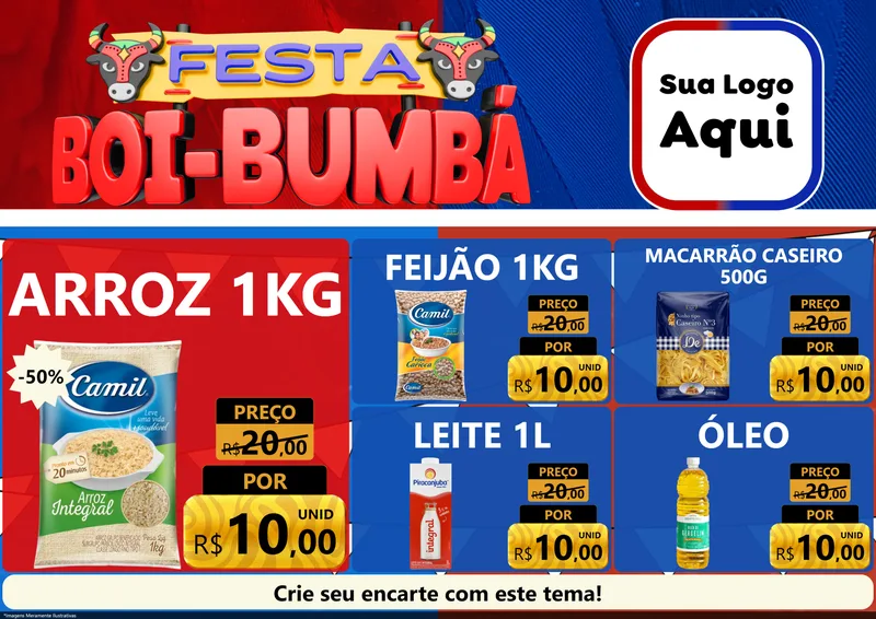 Modelo de Encarte para Encarte A4 Horizontal com o tema Festa Boi Bumbá para Supermercado