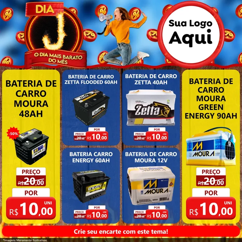 Modelo de Rede Social para Feed Facebook com o tema Dia J - O Dia Mais Barato Do Mês para Baterias Elétricas