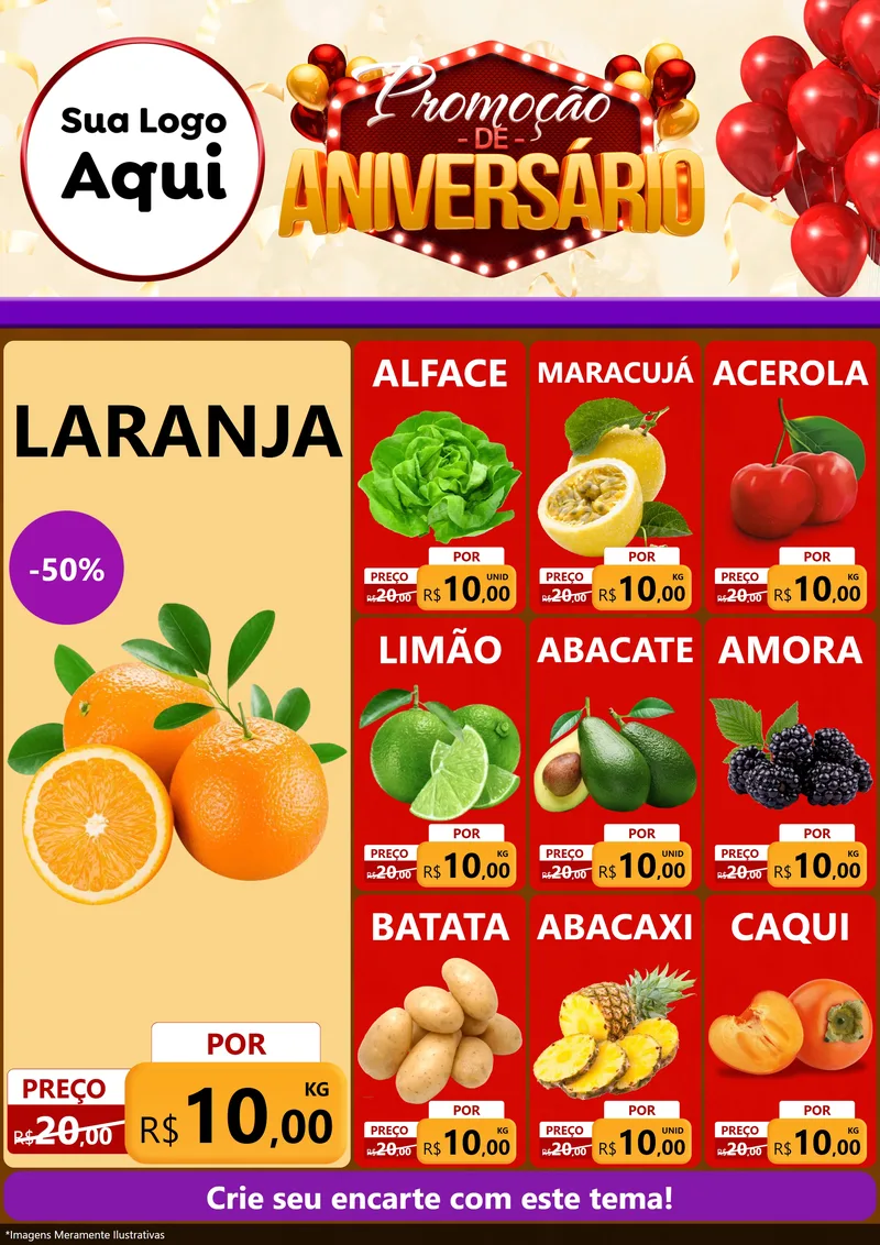 Modelo de Encarte para Encarte A4 Vertical com o tema Promoção de Aniversário para Hortifrúti