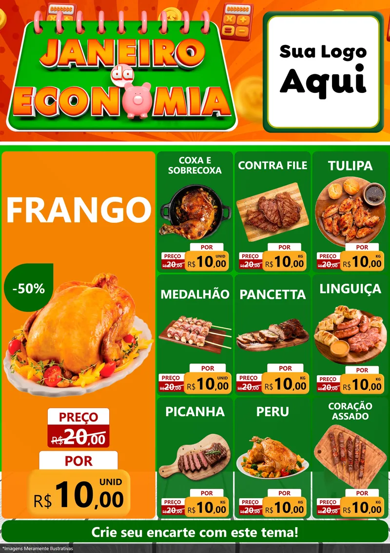 Modelo de Encarte para Encarte A4 Vertical com o tema Janeiro da Economia para Assados