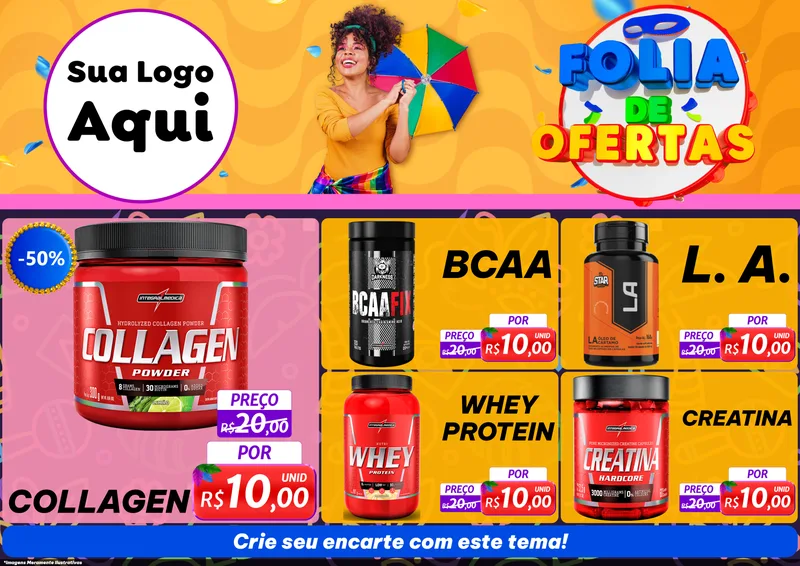 Modelo de Encarte para Encarte A4 Horizontal com o tema Folia de Ofertas para Suplementos alimentares