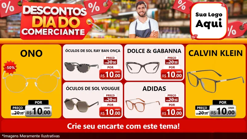 Modelo de TV para TV Horizontal com o tema Descontos Dia do Comerciante para Óticas
