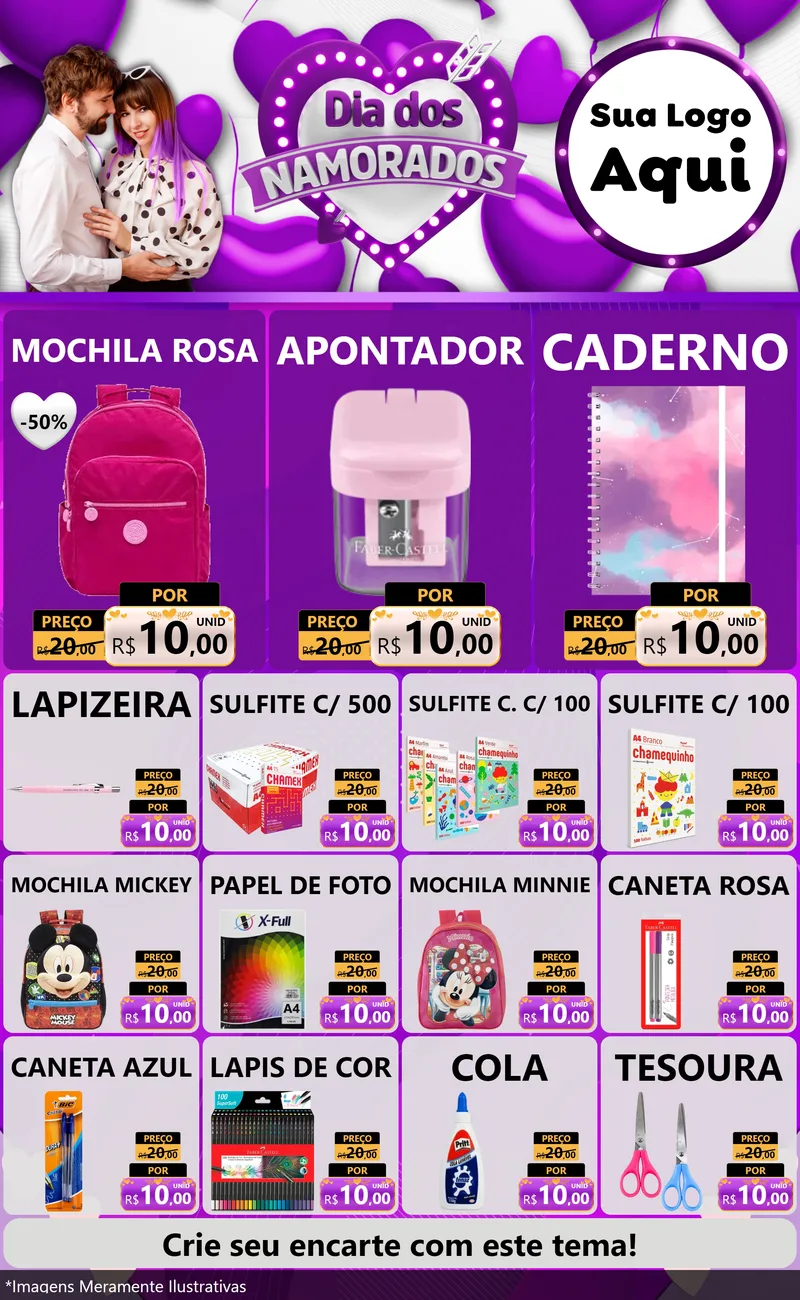 Modelo de Encarte para Encarte Grande com o tema Dia dos Namorados para Papelaria