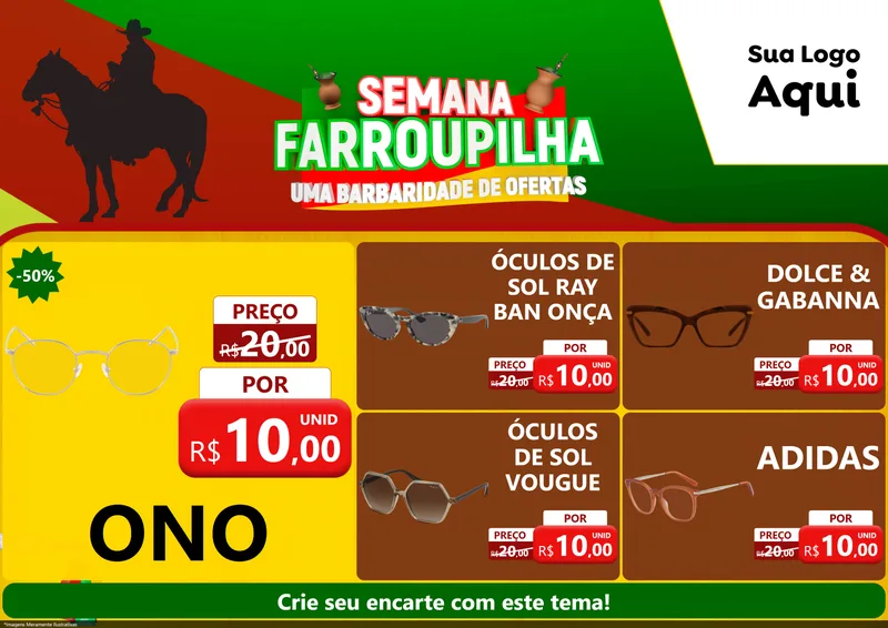 Modelo de Encarte para Encarte A4 Horizontal com o tema Semana Farroupilha - Uma Barbaridade de Ofertas para Óticas