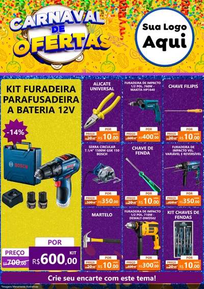 Modelo de Encarte para Encarte A4 Vertical com o tema Carnaval de Ofertas para Maquinas e Ferramentas