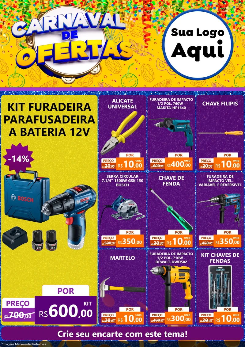 Modelo de Encarte para Encarte A4 Vertical com o tema Carnaval de Ofertas para Maquinas e Ferramentas