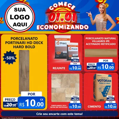Modelo de Rede Social para Feed Facebook com o tema Comece 1º de Janeiro Economizando para Pisos e revestimentos