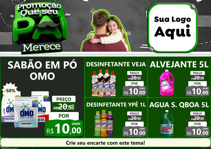 Modelo de Encarte para Encarte A4 Horizontal com o tema Promoção Que seu Pai Merece para Produtos de Limpeza