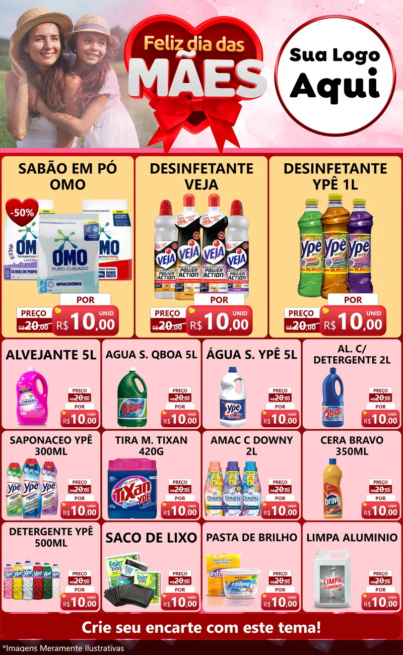 Modelo de Encarte para Encarte Grande com o tema Feliz Dia Das Mães para Produtos de Limpeza