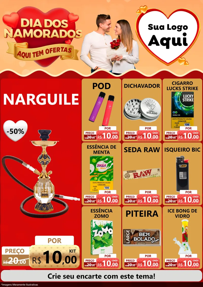 Modelo de Encarte para Encarte A4 Vertical com o tema Dia dos Namorados - Aqui Tem Ofertas para Tabacaria
