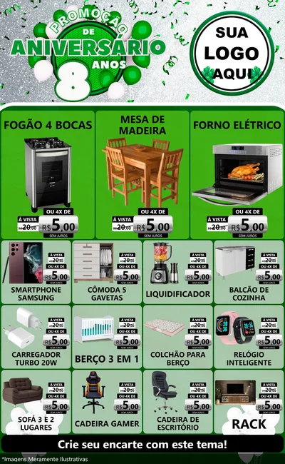 Modelo de Encarte para Encarte Grande com o tema Promoção de Aniversário - 8 Anos para Móveis e Eletro