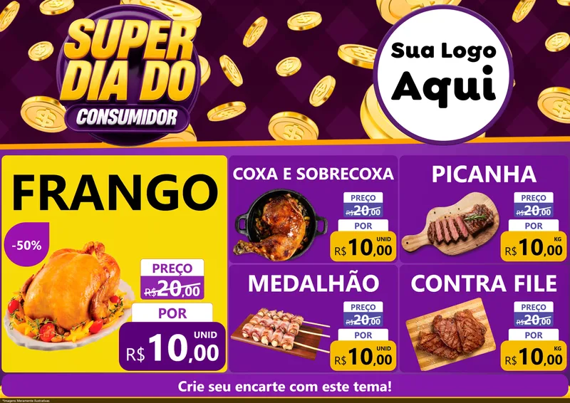 Modelo de Encarte para Encarte A4 Horizontal com o tema Super Dia do Consumidor para Assados