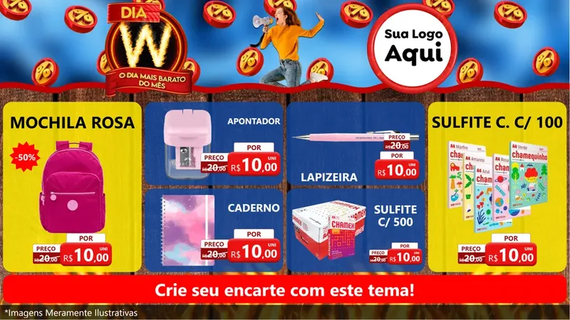 Modelo de TV para TV Horizontal com o tema Dia W - O Dia Mais Barato Do Mês para Papelaria