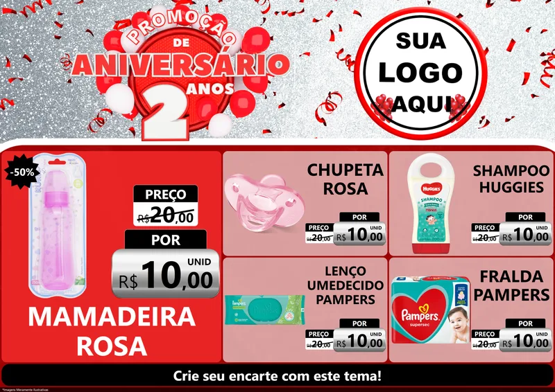 Modelo de Encarte para Encarte A4 Horizontal com o tema Promoção de Aniversário - 2 Anos para Bebês