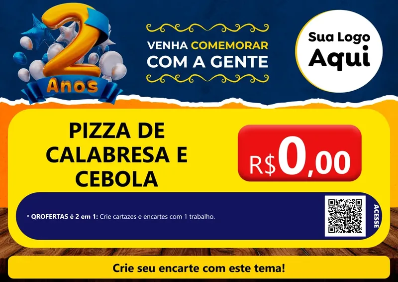 Modelo de Cartaz para Cartaz A4 Horizontal com o tema Aniversário de 2 anos para Pizzaria