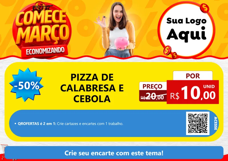 Modelo de Cartaz para Cartaz A4 Horizontal com o tema Comece Março Economizando para Pizzaria