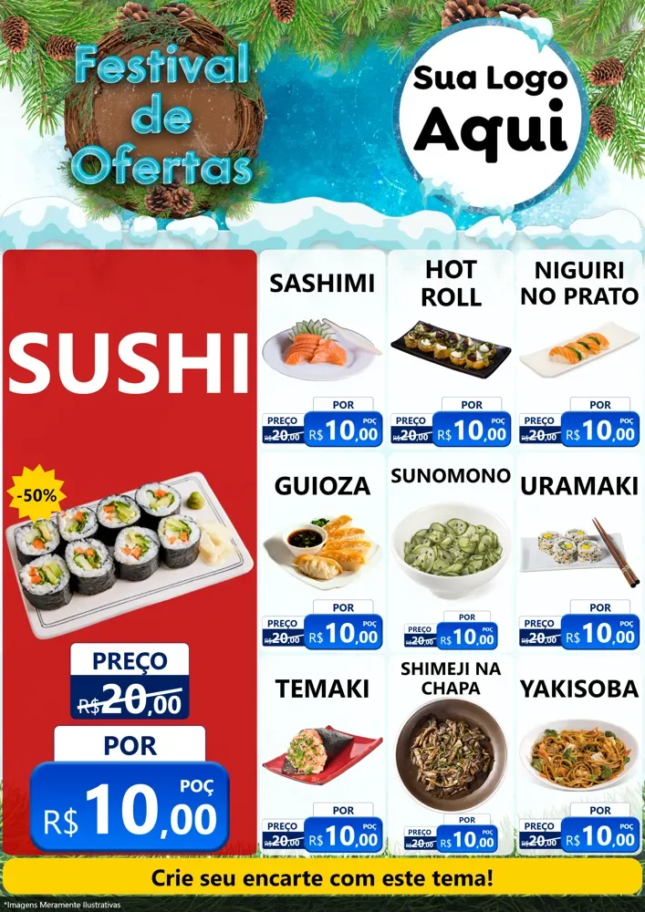 Modelo de Encarte para Encarte A4 Vertical com o tema Festival de Ofertas - Inverno para Comida japonesa