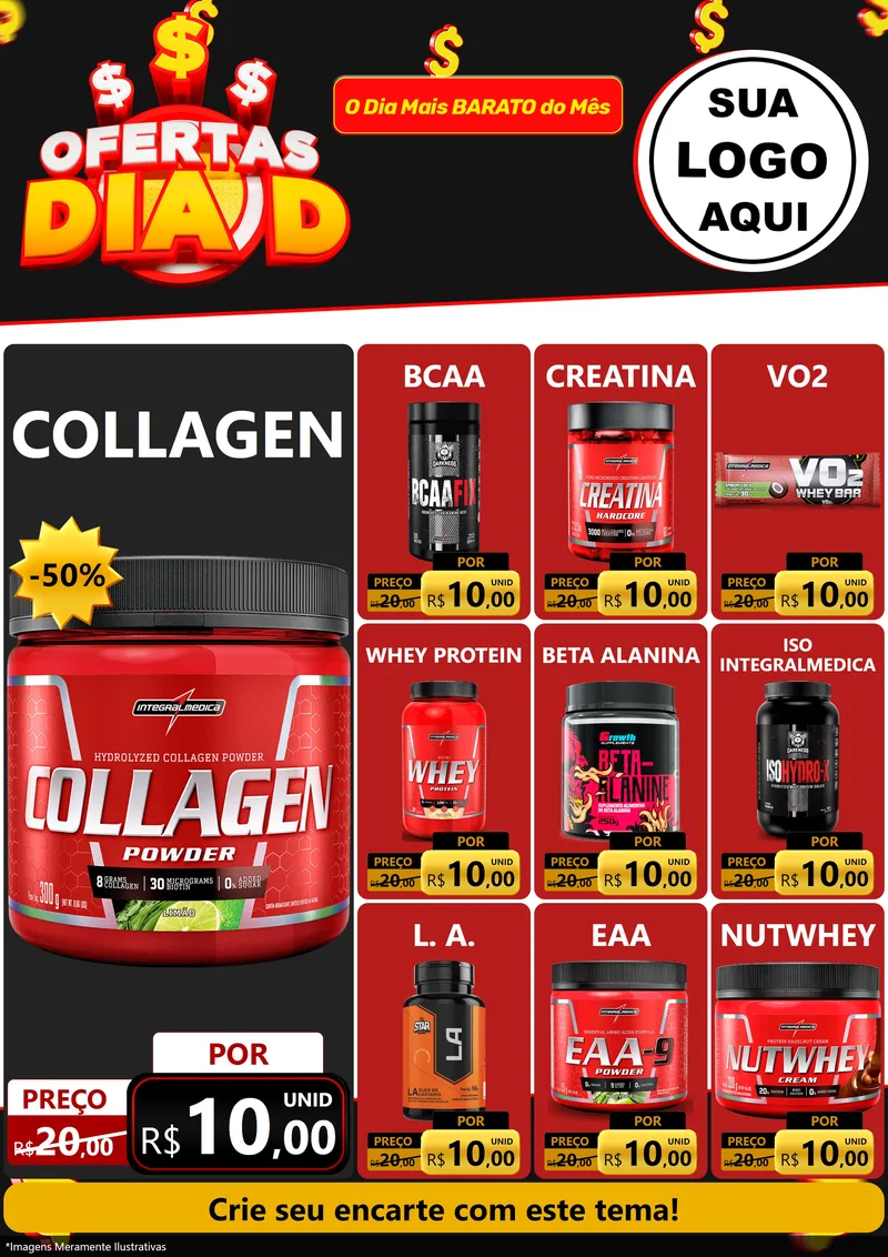Modelo de Encarte para Encarte A4 Vertical com o tema Ofertas Dia D para Suplementos alimentares