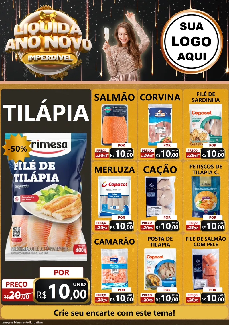 Modelo de Encarte para Encarte A4 Vertical com o tema Liquida Ano Novo Imperdível para Peixaria