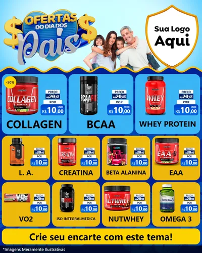 Modelo de Rede Social para Feed Instagram com o tema Ofertas do Dia dos Pais para Suplementos alimentares