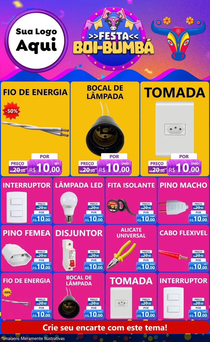 Modelo de Encarte para Encarte Grande com o tema Festa Boi-Bumbá para Materiais Elétricos