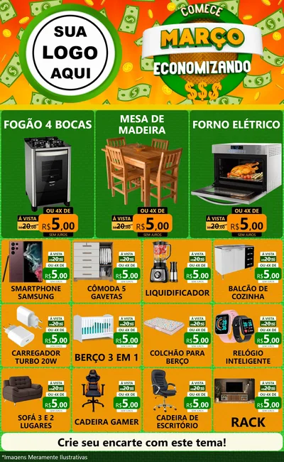Modelo de Encarte para Encarte Grande com o tema Comece Março Economizando para Móveis e Eletro
