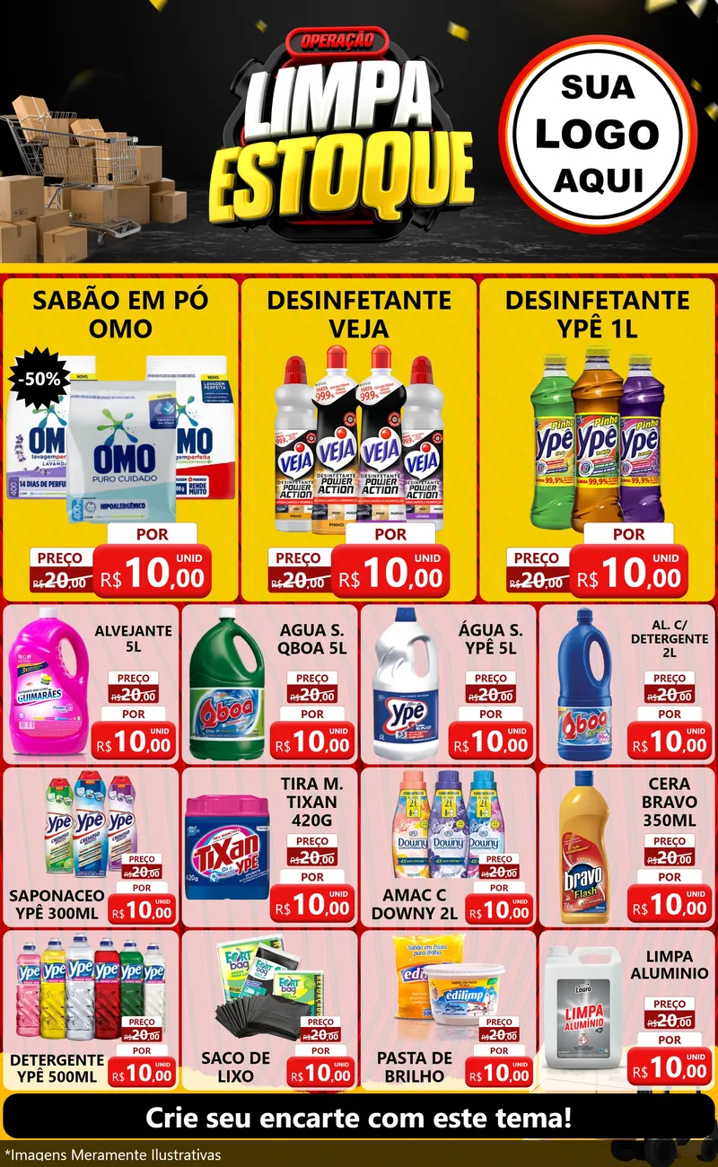 Modelo de Encarte para Encarte Grande com o tema Operação Limpa Estoque para Produtos de Limpeza