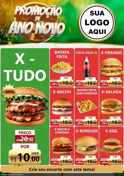 Modelo de Encarte para Encarte A4 Vertical com o tema Promoção de Ano Novo para Hamburgueria