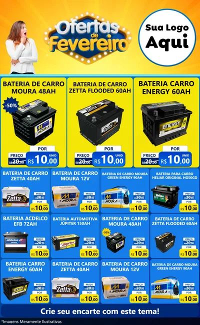 Modelo de Encarte para Encarte Grande com o tema Ofertas de Fevereiro para Baterias Elétricas