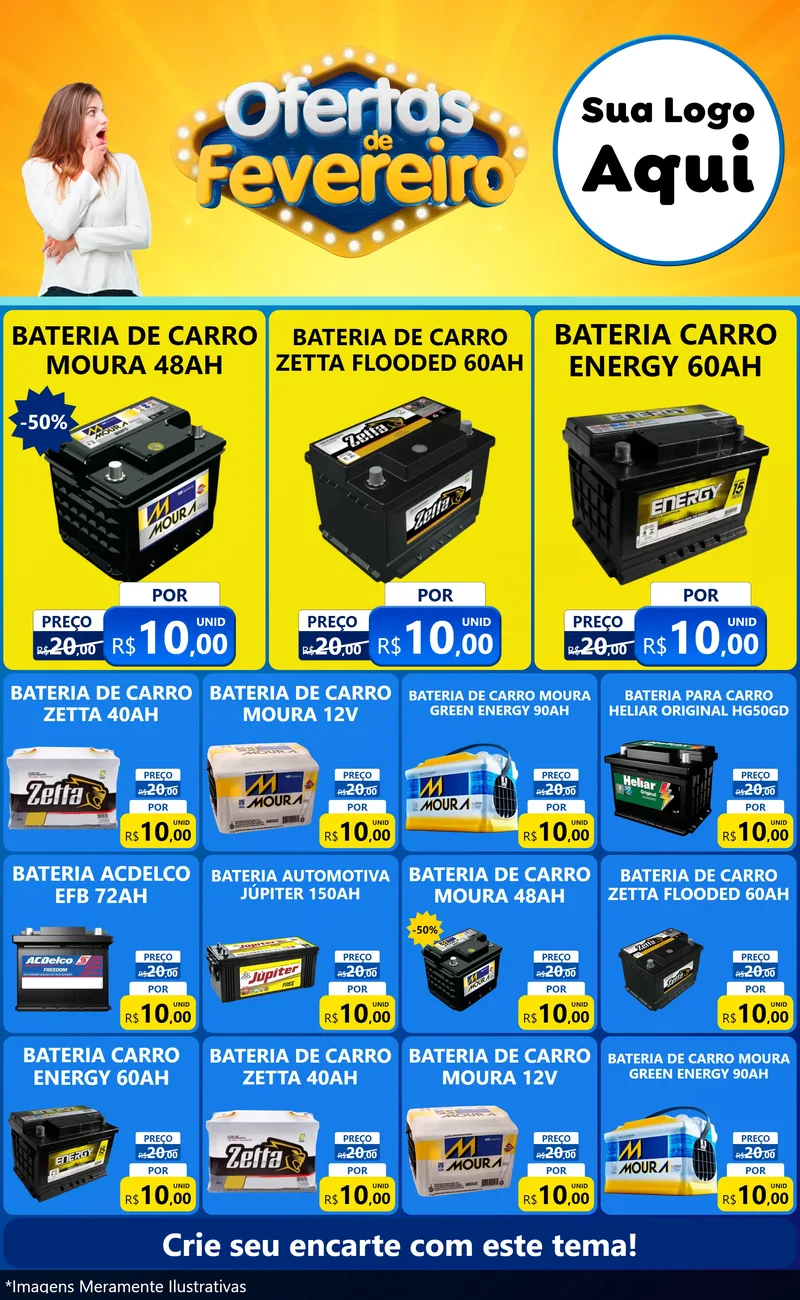 Modelo de Encarte para Encarte Grande com o tema Ofertas de Fevereiro para Baterias Elétricas