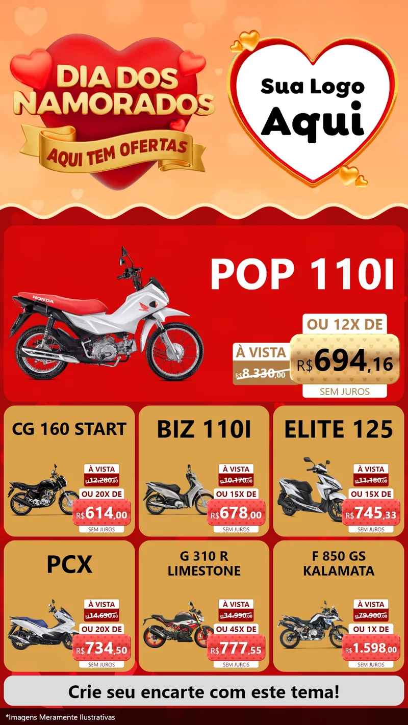 Modelo de Rede Social para Stories com o tema Dia dos Namorados - Aqui Tem Ofertas para Concessionaria de Motos