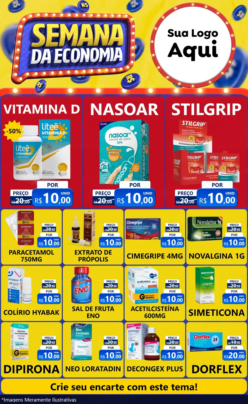 Modelo de Encarte para Encarte Grande com o tema Semana da Economia para Farmácia