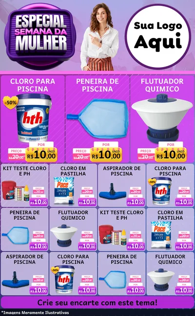 Modelo de Encarte para Encarte Grande com o tema Especial Semana da Mulher para Produtos para Piscina