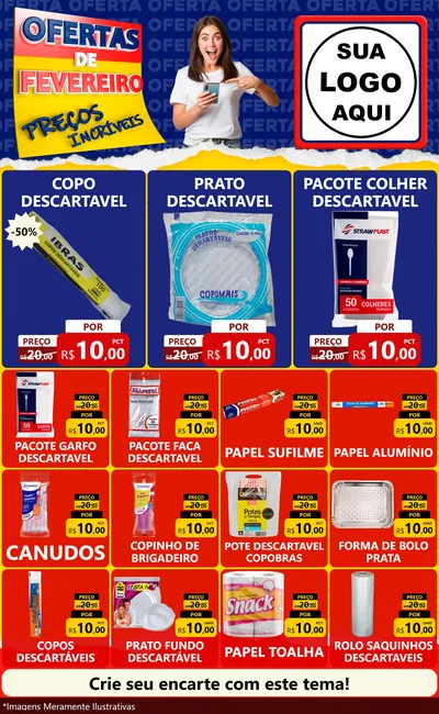 Modelo de Encarte para Encarte Grande com o tema Ofertas de Fevereiro - Preços Incríveis para Embalagens