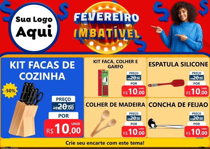 Modelo de Encarte para Encarte A4 Horizontal com o tema Fevereiro Imbatível para Utilidades Domésticas